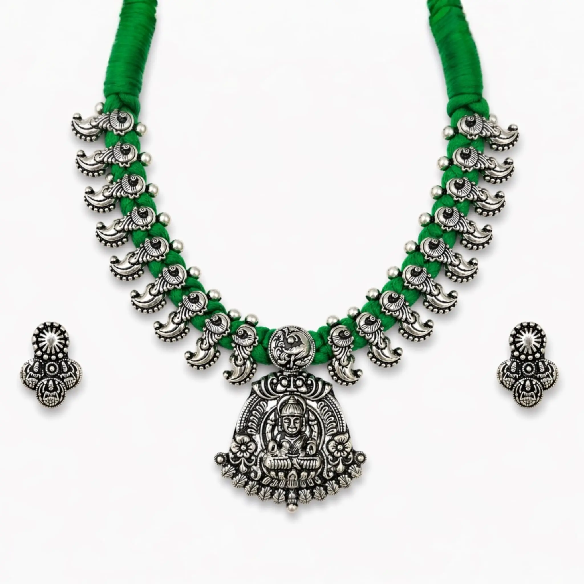 Oxidized Temple Necklace Set Green Thread Choker Lakshmi Pendant Ethnic Jewelry