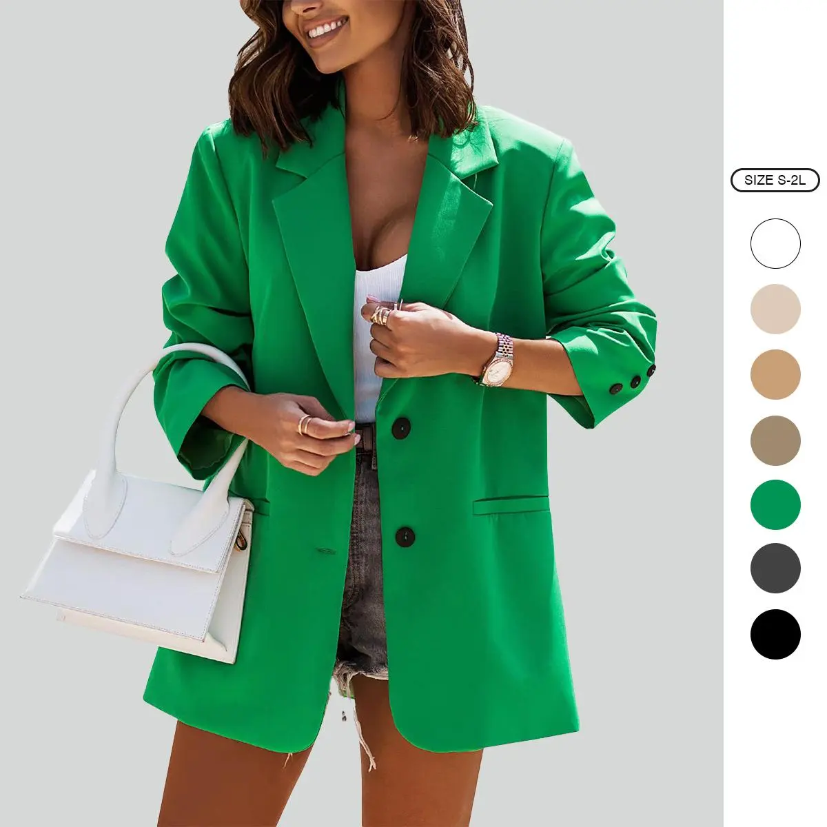 Women's Oversized Solid Button Blazer - Casual Wear Basic, Comfortable Longsleeves Elastane Fabric Jacket for Office Work, Holiday Wardrobe Staple