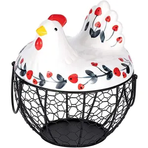 Chicken Design Ceramic Egg Storage Basket Iron Basket Holds 20-25 Eggs, Egg Holder, Organizer Case, Container Egg Basket Holder