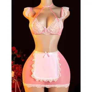 3pcs Sweet Maid Style Alluring Uniform Set with Bow Tie Strap Halter Neck Bra, Transparent Playful Party Apron & Short Thong Panties - Sexy Role-Playing Costume for, Halloween Christmas Carnival Cosplay Outfit