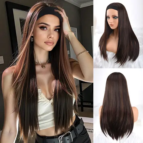 ZIHAN Lace Front Natural Straight Headband Wig - Thick Heat-Resistant Synthetic Fiber, 4/30 Brown Dyed Deep Root, 150% Density Breathable Closed Mesh Cap with Adjustable Straps, Gifts for Any Face Shape, Daily-Party Fashion Accessory
