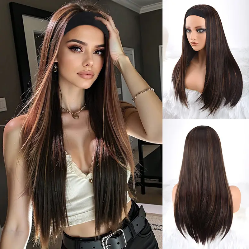 ZIHAN Natural straight hair headband wig - heat-resistant synthetic fiber 4/30 brown dyed deep root, 150% density closed mesh cap, comfortable daily u