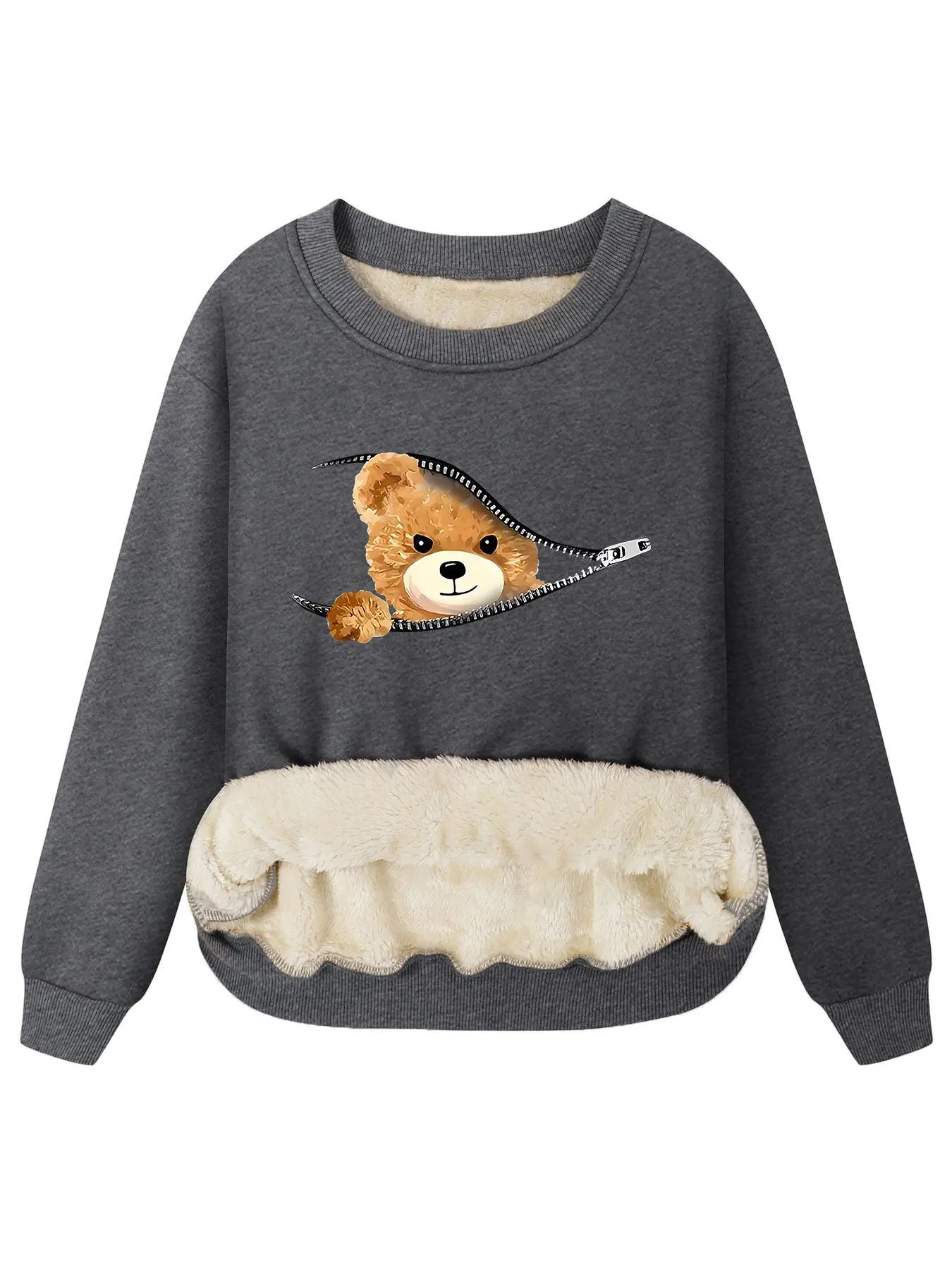 Women's Bear Print Pullover Sweatshirt, Womenswear Casual Fitted Long Sleeve Crew Neck Plush Top for Fall & Winter, Fashion Ladies' Top for Daily Wear, Cute Animal Sweatshirt