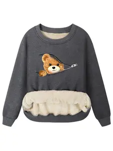 Women's Bear Print Pullover Sweatshirt, Womenswear Casual Fitted Long Sleeve Crew Neck Plush Top for Fall & Winter, Fashion Ladies' Top for Daily Wear