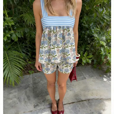 Women's Summer Shorts Outfit Loose Fit Stylish Floral/Lobster Print Striped Tank Tops and Shorts 2 Pcs Set