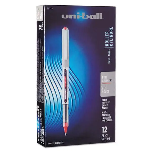 Uni-Ball VISION Stick Roller Ball Pen, UBC Fine 0.7 mm, Classic Red Acid-Free Uni-Flow Ink System with Strong Color Intensity, Gray & Red Barrel, Smooth Writing, 1 Dozen Pens for Document Keeping