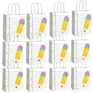 12pcs Teacher Appreciation Gift Bags, Back to School Gift Bags, Pencil Pattern, Bulk Paper Bags, End-Of-Year Appreciation Gifts