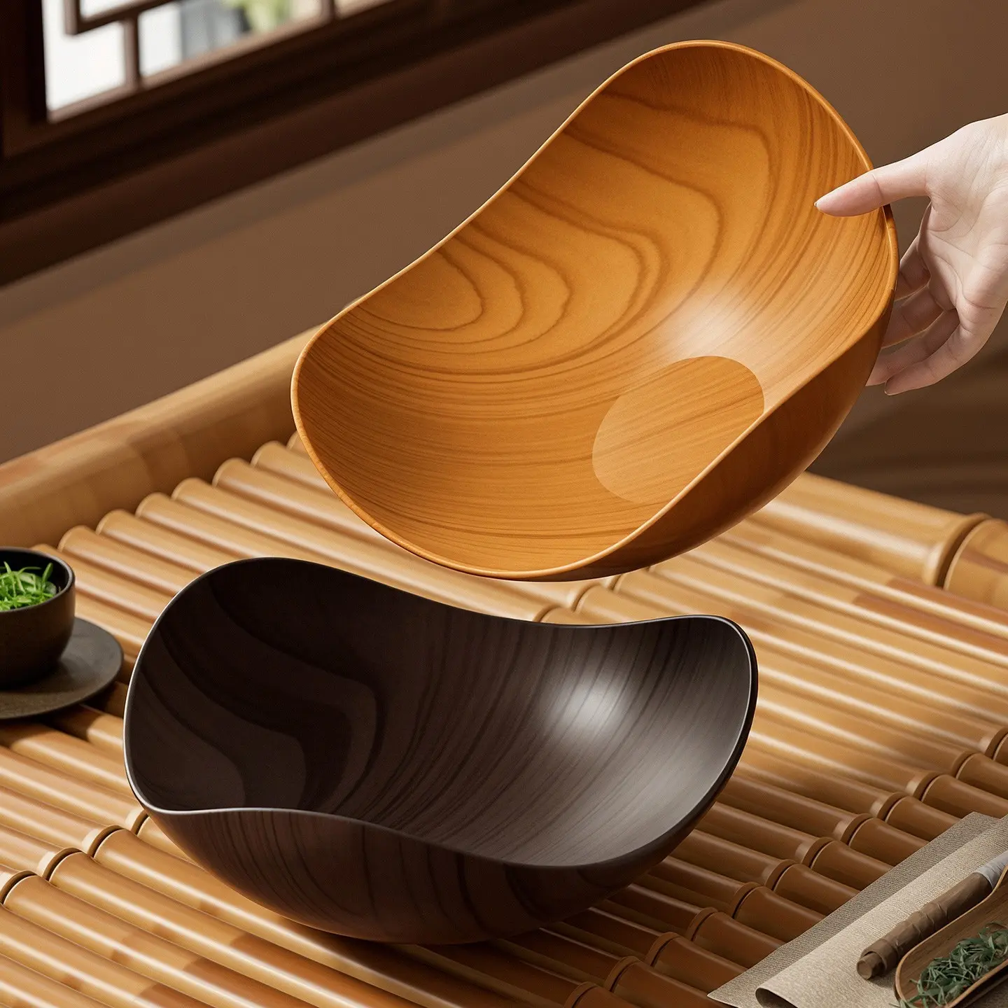 2pcs Wood Grain Luxury Fruit Bowl Set, Decorative Bowls, Modern New Chinese Style, Durable Multi-Use Snack Holder for Kitchen Counter, Ideal for Tea Room & Home Decor