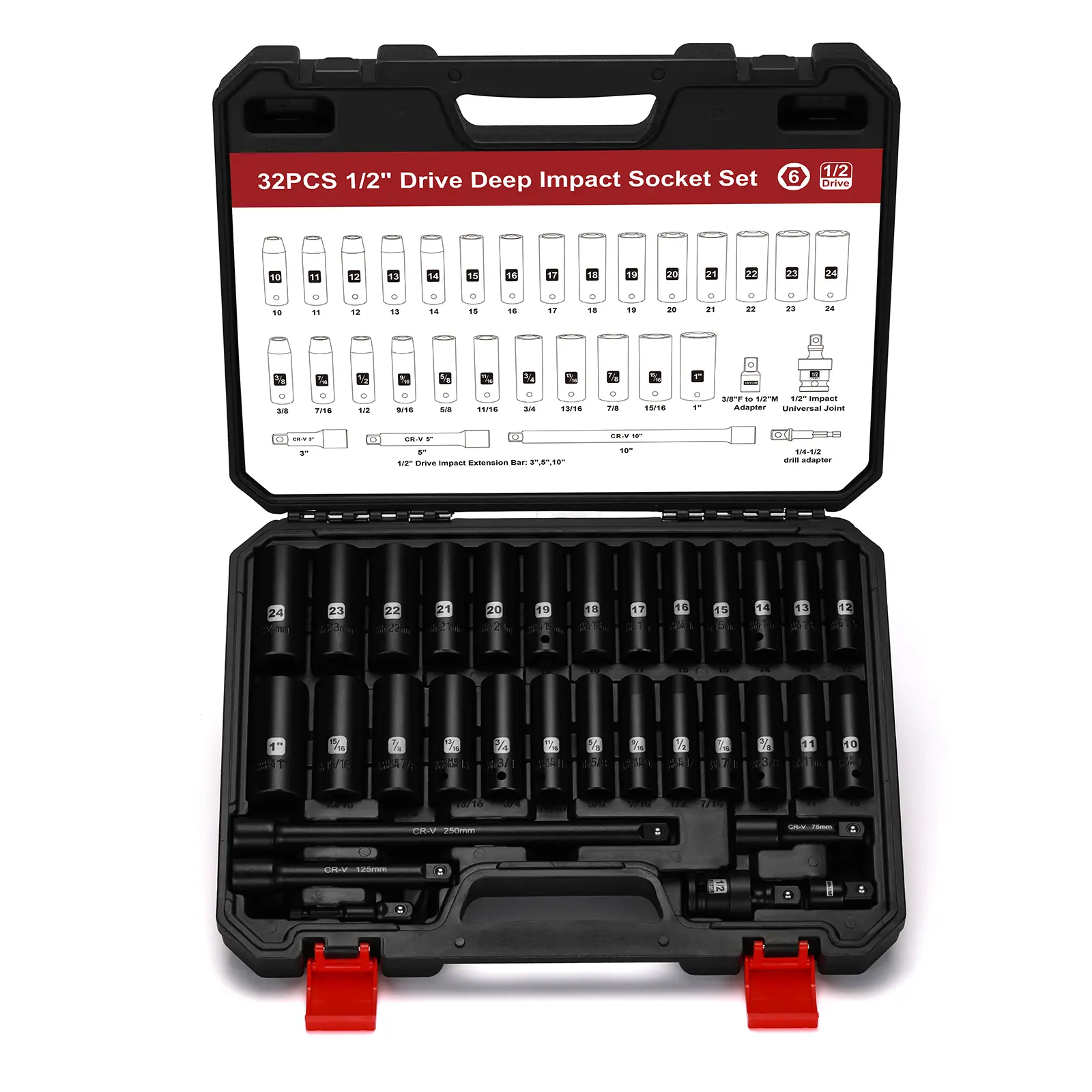 1/2" Drive Impact Deep Socket Set, SAE (3/8 to 1 inch) and Metric (10-24mm) Sizes with 3", 5", 10" Extension Bars, CR-V Steel, Complete Impact Wrench Socket DEALS FOR YOU DAY