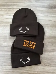 Women's Brown Hunting Beanie with Deer Antler Design or 'Tis the Season Soft Cuff Adjustable Hat