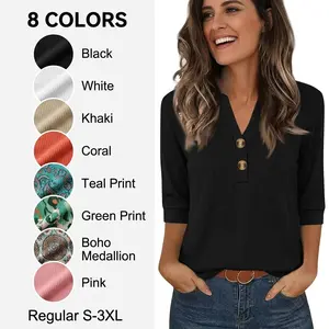2026 Women's Short Sleeve Henley Tops V Neck S-3XLSummer Casual Loose Dressy Shirts Blouse Basic Tees