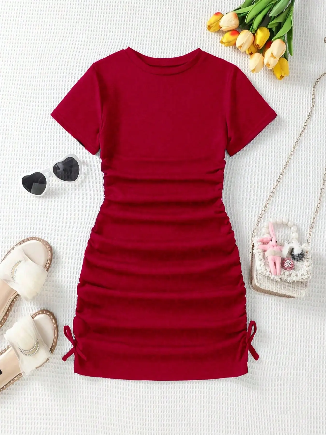 Girls' Short Sleeve Pleated Dress, Casual Dresses, Adjustable Side Drawstrings, Solid Color, Comfortable and Fashionable Daily Wear, Kids' Clothing