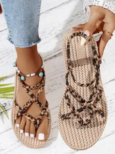 Women's Fashion Flat Sandals, Cute Leopard Print Cross Straps, Outdoor Vacation Beach Shoes, Casual Textile Toe Thong Slippers