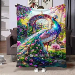 Colorful Peacock Pattern Flannel Blanket, 1 Count Soft Warm Throw Blanket, Air Conditioning Blanket for Home Bedroom Living Room Sofa