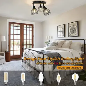 Three-Head E14 Ceiling Light, Embedded Fixtures, Mesh Lampshade, Vintage Restaurant Light, Industrial Tabletop Light, Farmhouse Ceiling Light