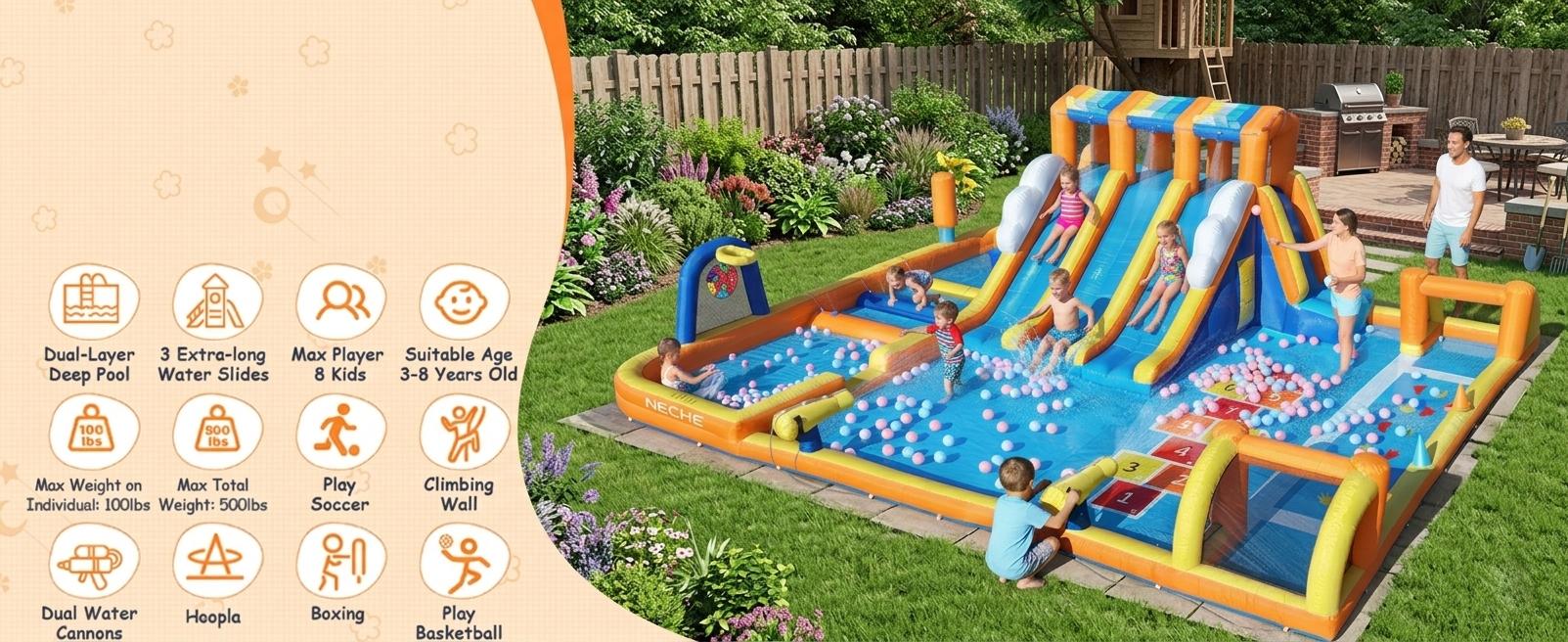 【Beautyhackher Exclusive】Inflatable Water Slide, Water Park for Big Kids,with Blower, Slides, Climbing Walls, Water Guns, and Deep Splash Pool, Indoor and outdoor, Summer Gifts 【Beautyhackher Exclusive】Inflatable Water Slide, Water Park for Big Kids,with Blower, Slides, Climbing Walls, Water Guns, and Deep Splash Pool, Indoor and outdoor, Summer Gifts