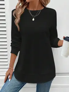 Women's Waffle Knit Crew Neck Sweatshirt Casual Fashion Sweatshirt Basic Casual Fitted Asymmetrical Hem Long Sleeve Pullover for Daily Wear Ladies Clothes for All Seasons Hoodie Womenswear Sweatshirt