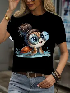 Soft Pink Turtle Print T-Shirt - Lightweight Opaque Short Sleeve Round Neck Top with Turtle-Themed, Casual Beach Blouse Suitable for Spring Summer Fall Casual Attire, Machine Washable Opaque Fabric for Body Types