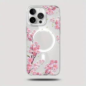 1pc Pink Floral Transparent Magnetic Phone Case, supports wireless charging, provides drop protection, and features magnetic attachment. Compatible with iPhone 11/17 Pro Max, Galaxy S25/S24/S23 Ultra. Valentine's Day gift.