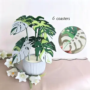 6Pcs 3D Monstera Plant Coaster Set with Flowerpot Holder, Aesthetic Tropical Leaf Coasters, Creative Desk Plant Decor & Housewarming Gift