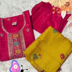Dark Pink & Yellow Silk Salwar Set Size Large Womenswear with Embroidered Details and Matching Dupatta