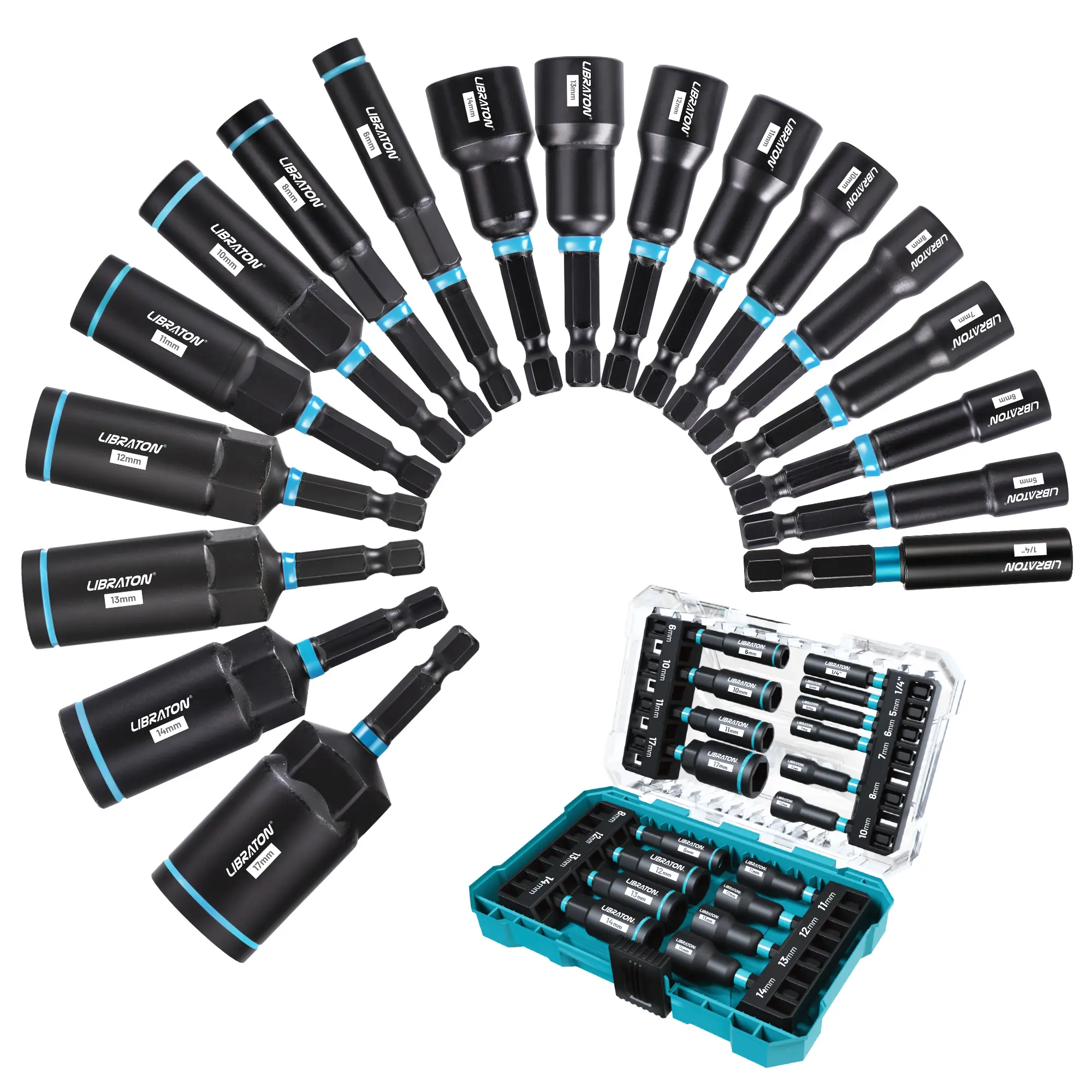 LIBRATON Magnetic Nut Driver Set, 18PCs Impact Driver Bit Set, Deep Nut Drivers Set, Metric Nut Driver for Impact Drill, 5-14 MM Nut Drivers and 6-17 MM Nut Deep Drivers, Bit Holder, for Car Repairs