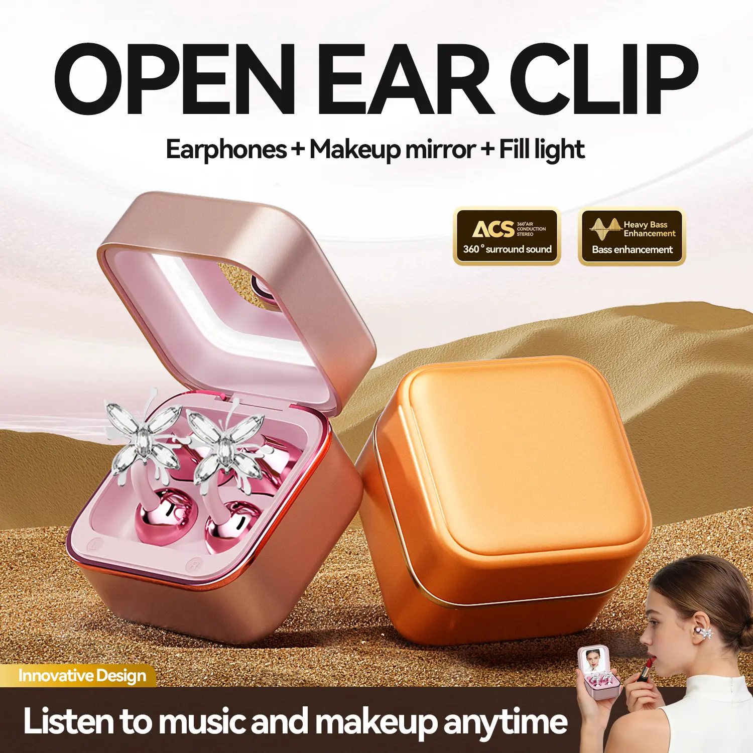 CHENRUIDA Open Ear Bluetooth Earbuds with Detachable Butterfly Earrings,  built-in makeup mirror， Wireless Ear Clip Headphones for Sports, Travel & Gifts