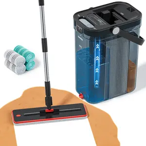Homettler Transparent Mop and Bucket Set with Separate Dirty & Clean Water Compartments, 65-in Stainless Steel Adjustable Flat Mop for Wood & Tile Floors, 4 Machine Washable Microfiber Pads, Stainless Steel Brush Household Tool hard cleaning