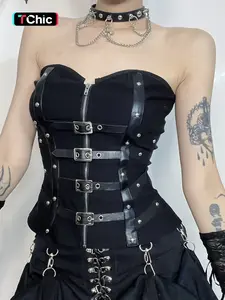 Women's Grommet Eyelet & Studded Decor Zipper Front Tube Top, Fashion Punk Strapless Top for Daily Outdoor Wear, Ladies Clothes for Summer, Under Bust Corset