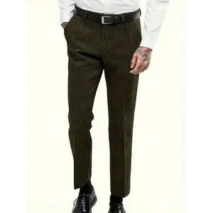 Men's Vintage Dress Pants Unpleated Herringbone Tweed Trousers