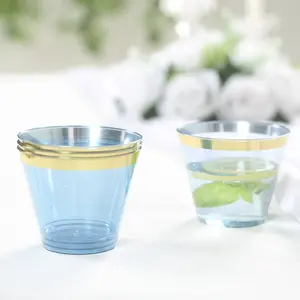 25-Pack Plastic Party Cups 9oz Dusty Blue Crystal with Gold Rim - Short Disposable Drink Tumblers