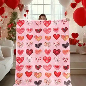 1pc Flannel Valentine'S Day Blanket |   Pink Background With Heart Designs,, Digital Printed, Contemporary Style, All Seasons Use, Birthday Mother's Day Size