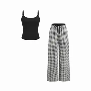 Cider Square Neck Sleeveless Top & Mid Rise Gingham Wide Leg Trousers Set