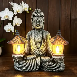 Solar Buddha Statue with LED Lanterns | Outdoor Garden Decor for Patio/Backyard Zen Vibe Religious Ornaments Traditional