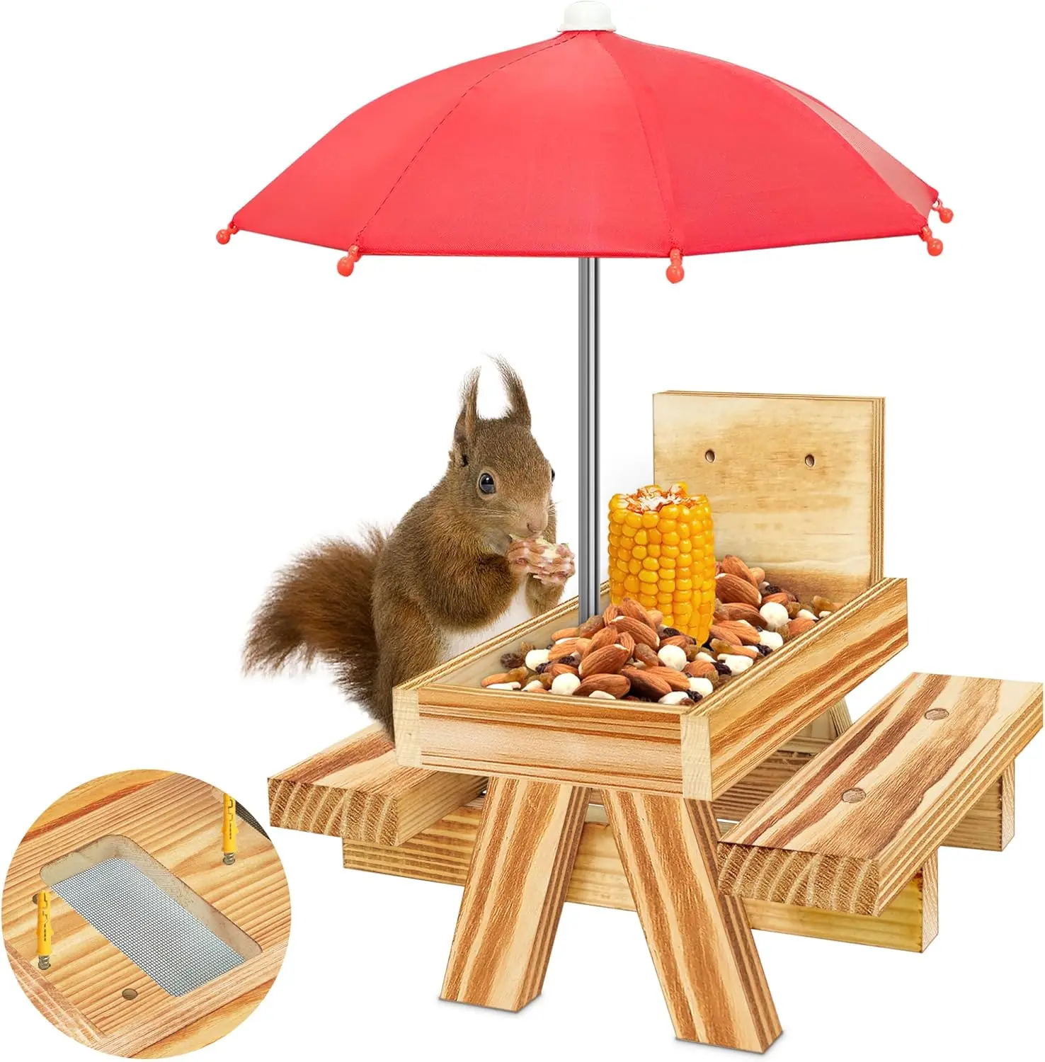 Carbonized Wood Squirrel Feeder with Umbrella, Waterproof Picnic Table, Corn Cob Holder for Outdoor