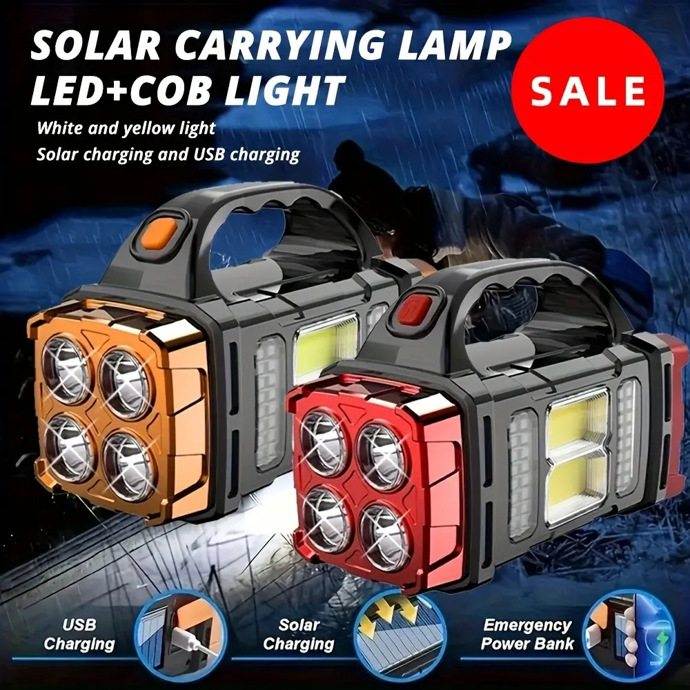 Solar & USB Rechargeable LED Lantern Flashlight, Handheld Flash Light, 1800mah Nickel Battery, Tactical Co8 Work Light with 4 Modes, Emergency Power for Camping and Ipx4 Waterproof, High Lumen Flashlights