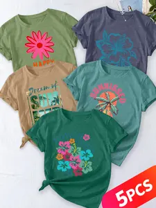 Women's 5-Pack Casual Crew Neck T-Shirt, Daisy Flower, Hibiscus Flower, Summer Palm, Sunset Palm & Hawaiian Floral Print, Multiple Colors Available, Machine Washable, Spring & Summer Top, Soft Skin-Friendly Fabric, Daily Versatile, Fashion Design