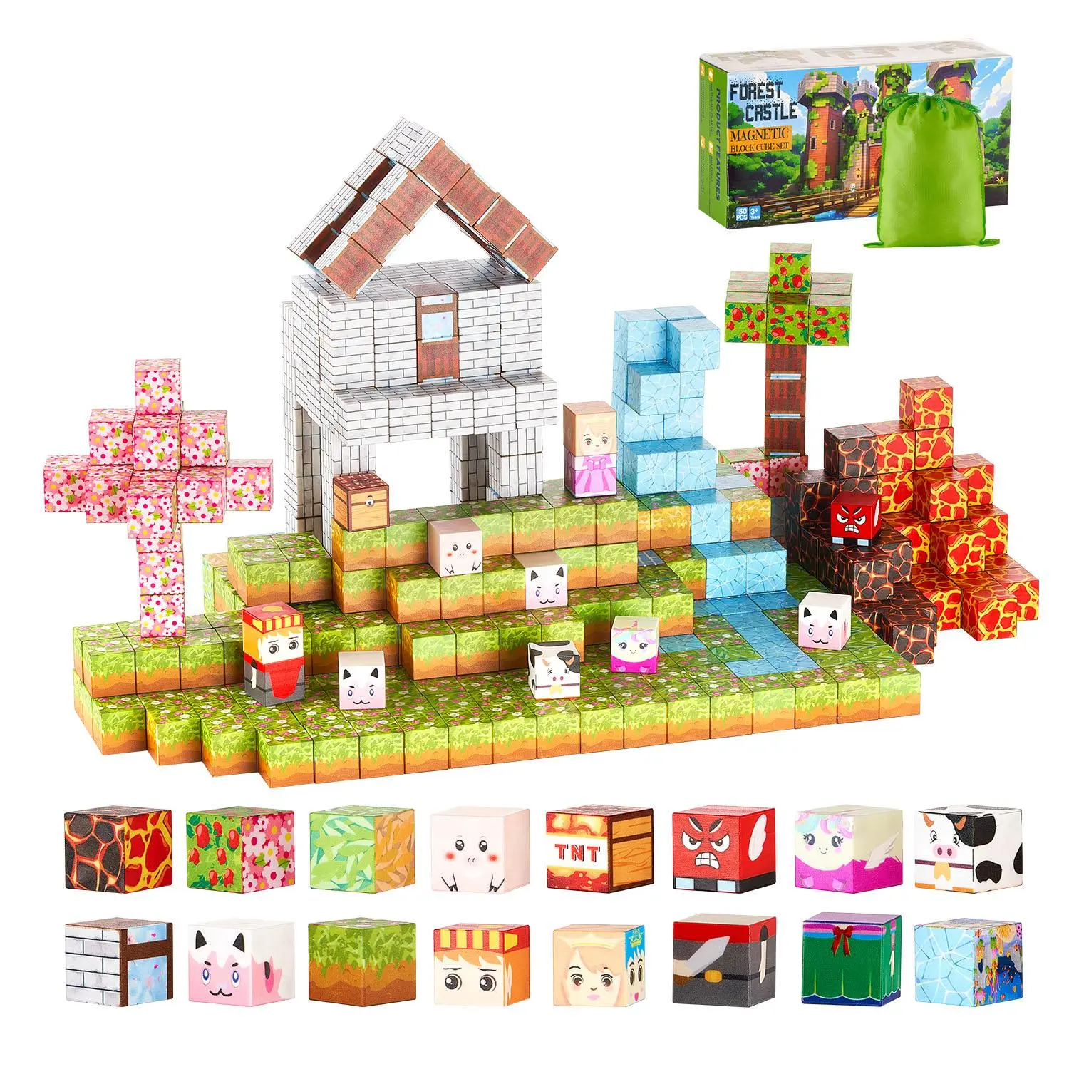 VEVOR 150 PCS Forest Castle Neodymium Magnet Building Set, Sturdy Colored Magnetic Stacking Cubes, STEM Montessori Model Building Kits, Multi-Piece Set Sensory Toys for Kids 3+, Holiday Gifts, Colored Blocks Model Building Kits