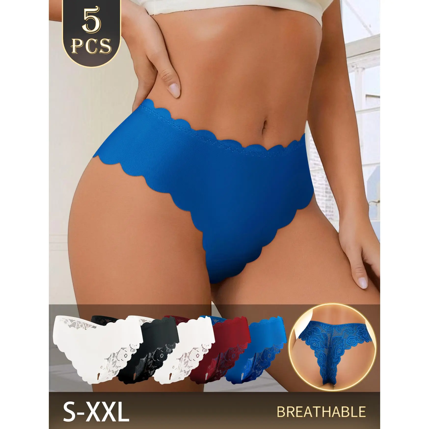 QUASTI Women's High-Waisted Seamless Lace Panties - 5pcs Basic Breathable Soft Fabric Thongs, 4 Mix Colors Elegant Lingerie, Lightweight Comfortable Underwear for Daily Wear (S-XXL), Elegance