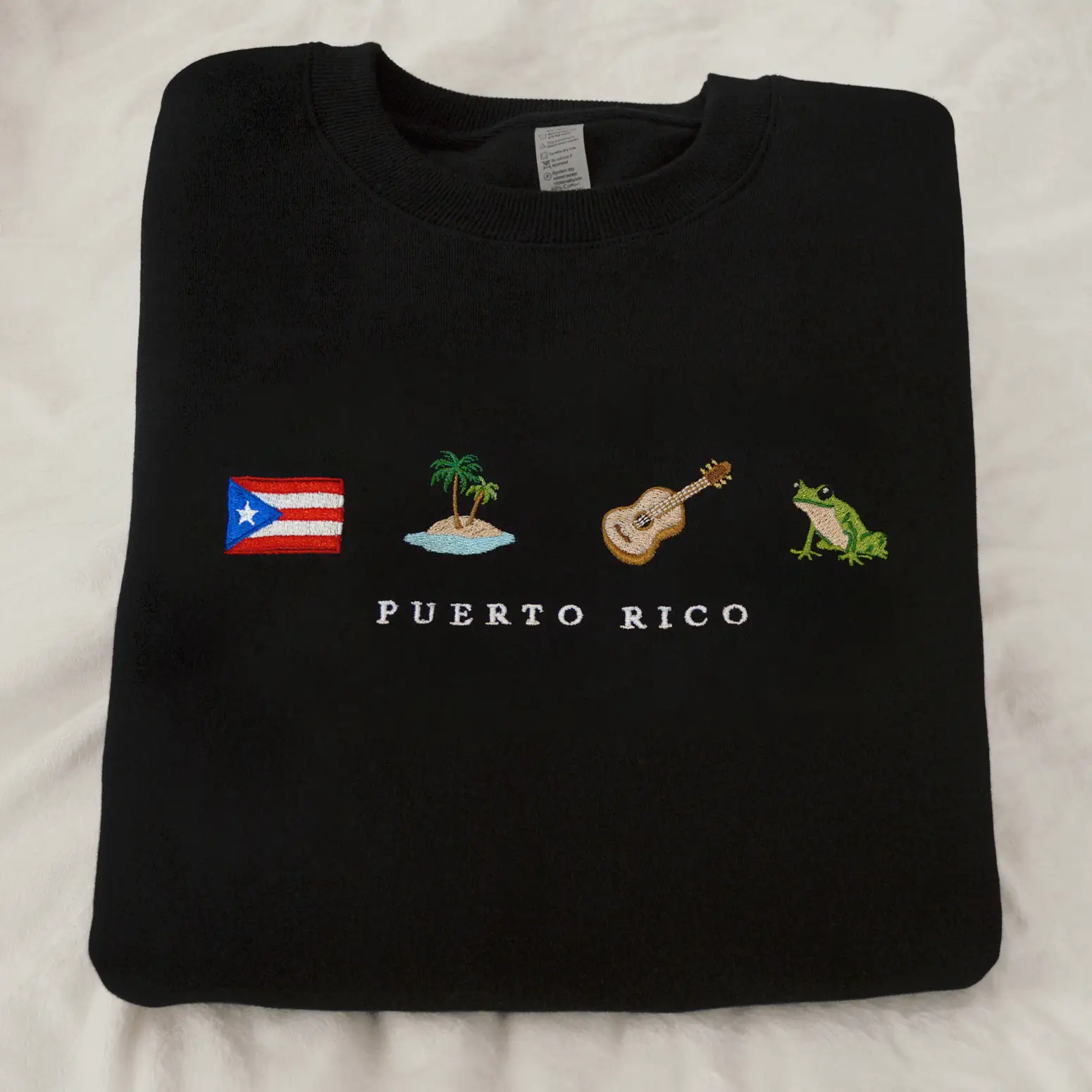 Puerto Rico Embroidered Sweatshirt, Boricua, Taino, Cotton, Black, Crewneck, Flag, Coquí Frog, Guitar, Island, Palm Tree, Ocean, Music, Latin, Reggaet