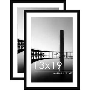 13x19 Picture Frame Set of 2, Display Pictures 11 x 17 with Mat or 13 x 19 without Mat for Wall Mounting Display, Poster Frames, Black