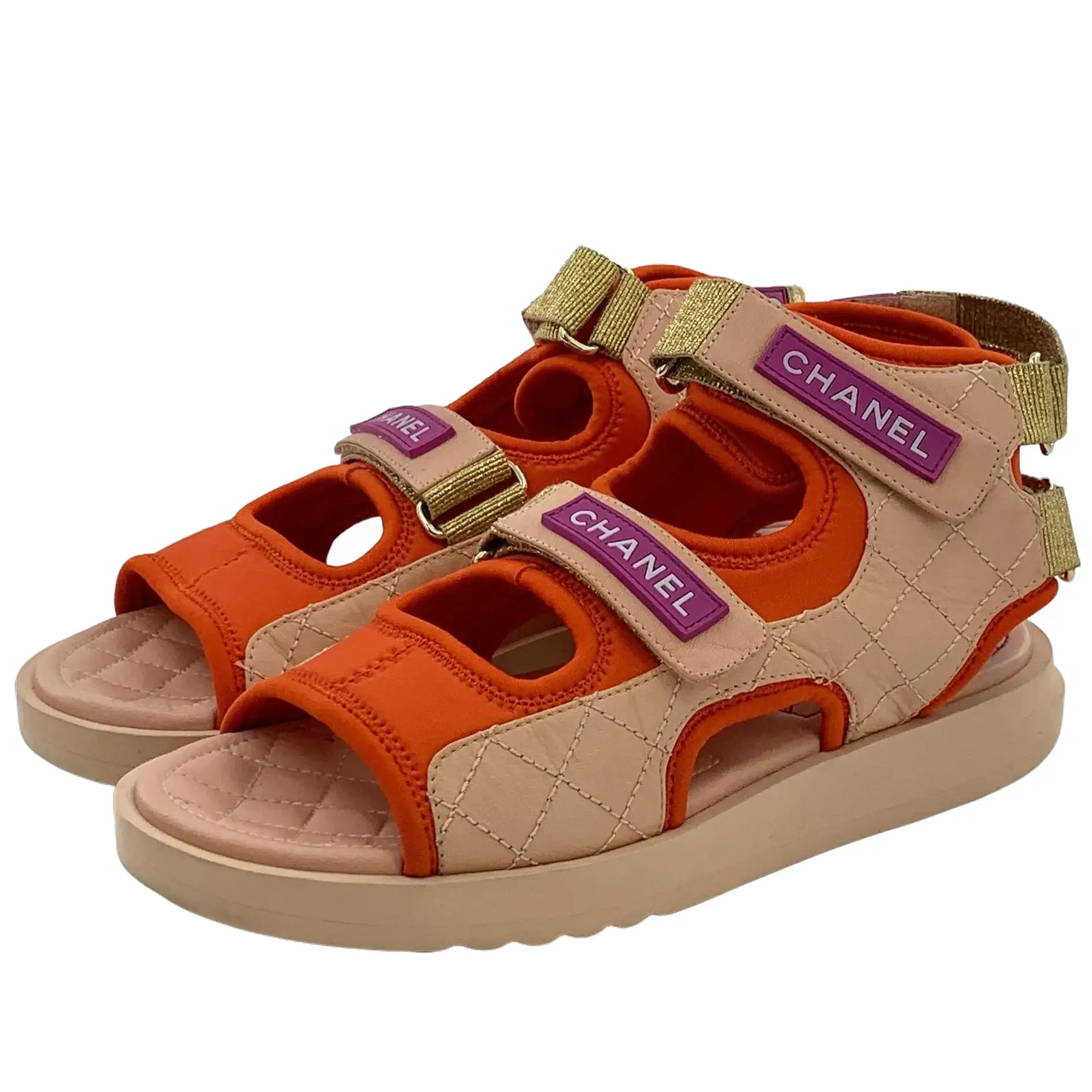 RDLT-Chanel 37.5 Color‑Block Quilted Goatskin Velcro Flat Casual Sandals-J35166