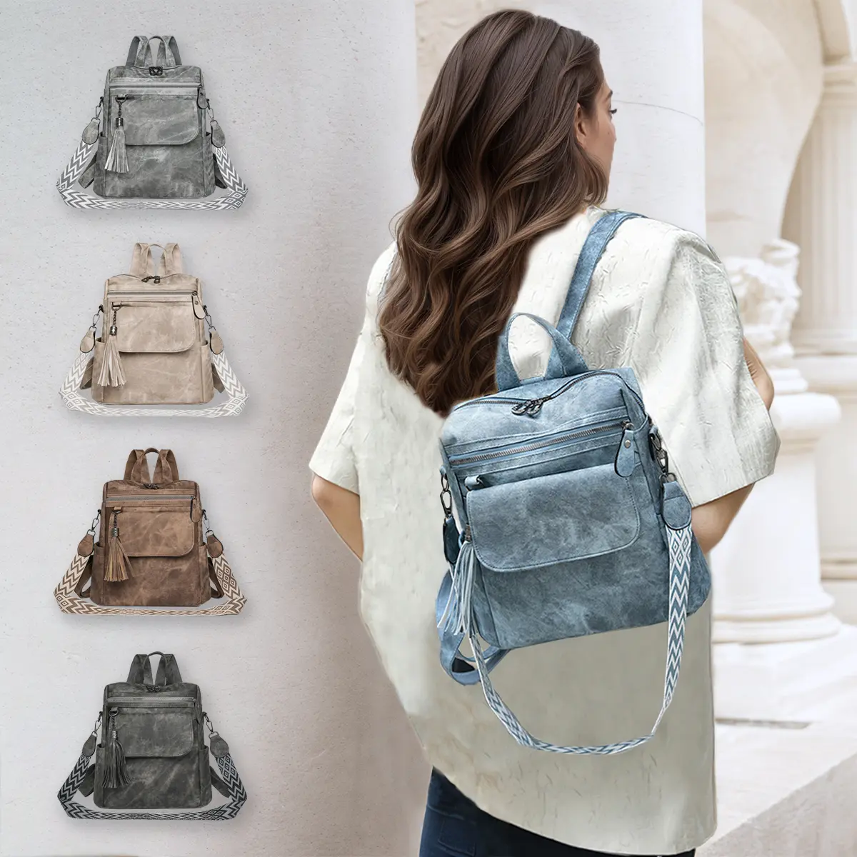 Women's Retro PU Leather Casual Backpack - Medium Convertible Bag with Top Handle for Commuting, Travel, Zip, Elegant, Adults, Plain, Adjustable Straps, Easy To Store, Leisure Travel