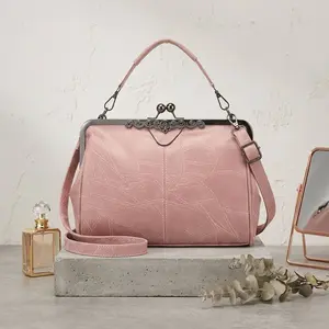 Vintage Kiss Lock Handbag for Women Chic Top Handle Crossbody Bags PU Leather Satchel with Detachable Strap for Daily Use and Travel