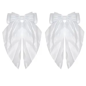 2Pcs Hair Bows for Women，Silky Satin Hair Ribbons Bow for Girls Big White Hair Bow Clips Long Tail Hair Clips Satin Bows Hair Clips, Hair Bow Accessories for Birthday Wedding Prom Party