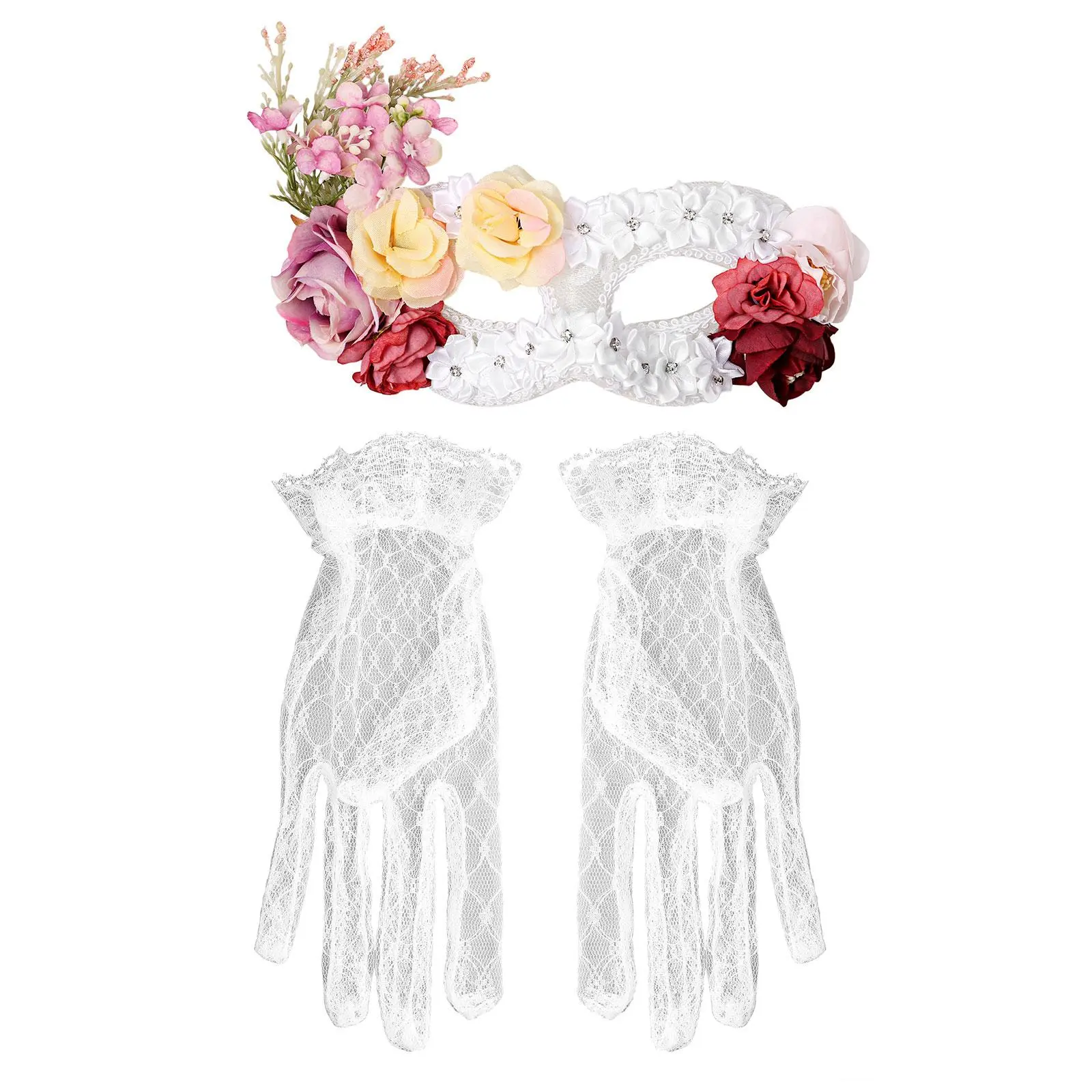 OIDEA Women's 2-Piece Sheer White Lace Floral Masquerade Mask and Short Gloves Set, Ideal for Wedding Parties, Prom Costumes