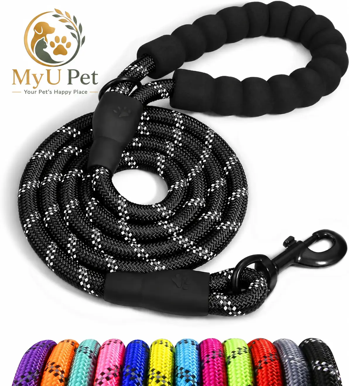 [MyU Pet] Rope Dog Leash for Medium Large Dogs, 5 FT Padded Handle, Black | Climbing Rope for Strong Pullers, Reflective for Night Walks and Training, Comfortable Grip, Anti-tangle Swivel Clip 1/2 inch campingessentials