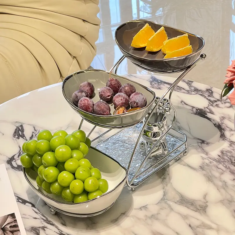 CNCEST Silver 3-Tier Oval Fruit Stand Organiser, Assemblable Space-Saving Rust-Resistant Metal Stand with Ceramic Bowls, Iron Base, Electroplated Finish, Iron-Acrylic-Ceramic Racks for Home 3Tier Fruit Display & Food Display Rack Use