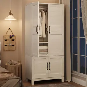 Armoire Wardrobe Closet with 4 Doors, 72 in Wooden Wardrobe Cabinet with Hanging Rod, Freestanding Tall Clothing Armoire Storage Cabinet with Adjustable Shelves for Bedroom,