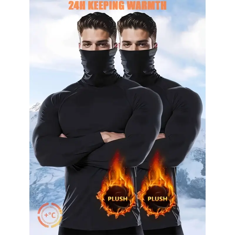 Men's 2-Pack Solid Knit Thermal Shirts, Fleece-Lined Long Sleeve Compression Base Layer, Quick-Dry & High-Stretch for Sports & Casual Wear, Menswear, Polyester
